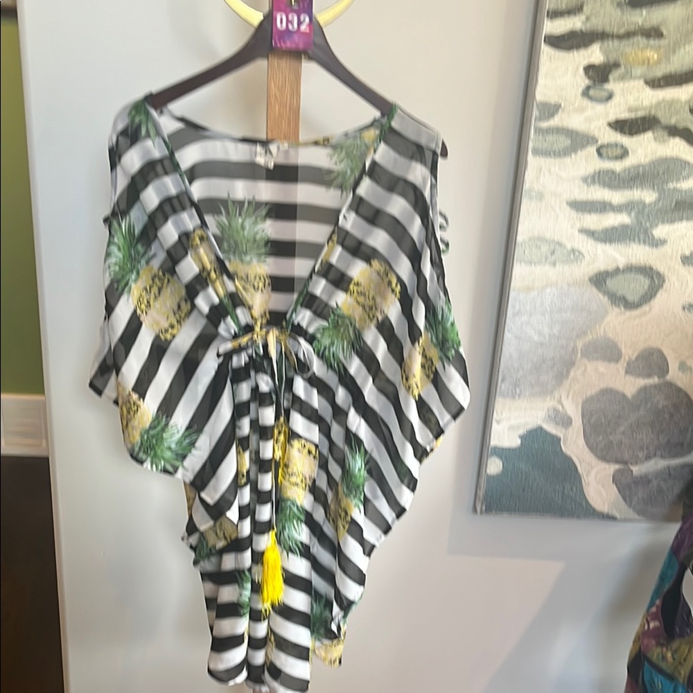 COPY - # 32 Violet Sky Striped Pineapple Print Women's Bathing Suit Cover Size L